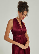 Burgundy Multi Ways Wrap Convertible Slit Bridesmaid Butterfly Sleeves & One Shoulder & Strapless & Off-shoulder & Straps & Halter Neck Satin A-Line Dress Floor Length Gown with Pocket-Winnie