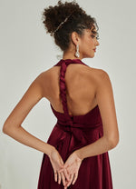 Burgundy Multi Ways Wrap Convertible Slit Bridesmaid Butterfly Sleeves & One Shoulder & Strapless & Off-shoulder & Straps & Halter Neck Satin A-Line Dress Floor Length Gown-Winnie