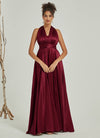 Multi Ways Burgundy Wrap Convertible Slit Bridesmaid Butterfly Sleeves & One Shoulder & Strapless & Off-shoulder & Straps & Halter Neck Satin A-Line Dress Floor Length Formal Dress with Pocket-Winnie