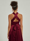 Burgundy Multi Ways Wrap Convertible Slit Bridesmaid Butterfly Sleeves & One Shoulder & Strapless & Off-shoulder & Straps & Halter Neck Satin A-Line Dress Floor Length Formal Gown with Pocket Winnie