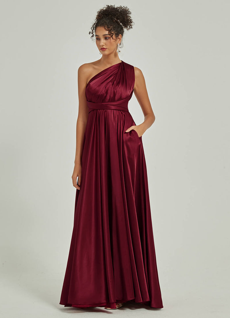 Multi Ways Wrap Convertible Slit Bridesmaid Butterfly Sleeves & One Shoulder & Strapless & Off-shoulder & Straps & Halter Neck Satin A-Line Dress Floor Length Gown with Pocket Winnie