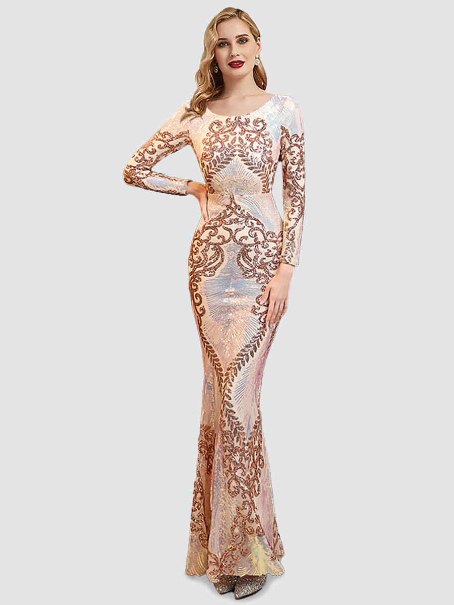 Long Sleeves Backless Champagne Gold Sequin Prom Dress 023JQ Madison NZ Bridal a