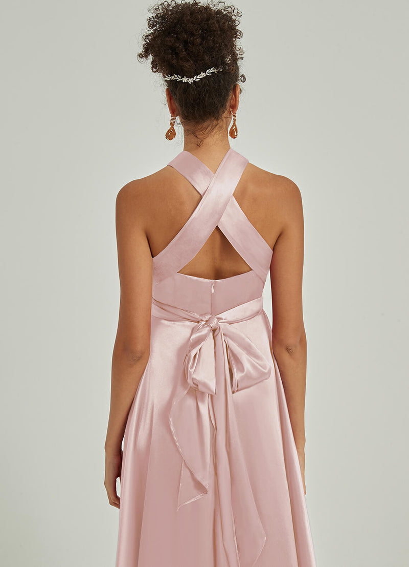 blush wrap bridesmaid dress S Blush Pink Satin Wrap Bridesmaid Maxi Dress with Slit Long Sleeve