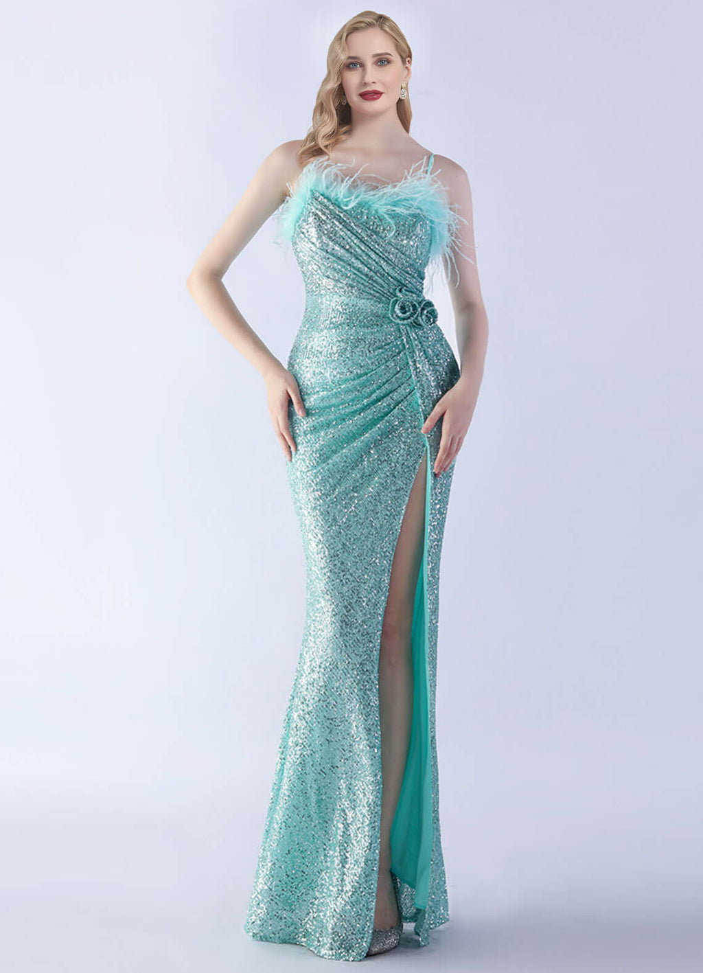 NZ Bridal Agua Feather Spaghetti Straps Maxi Sequin Prom Dress 31365 Sadie a