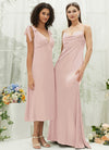 Blush Satin Cowl Neck Adjustable Straps Backless Long Bridesmaid Dress