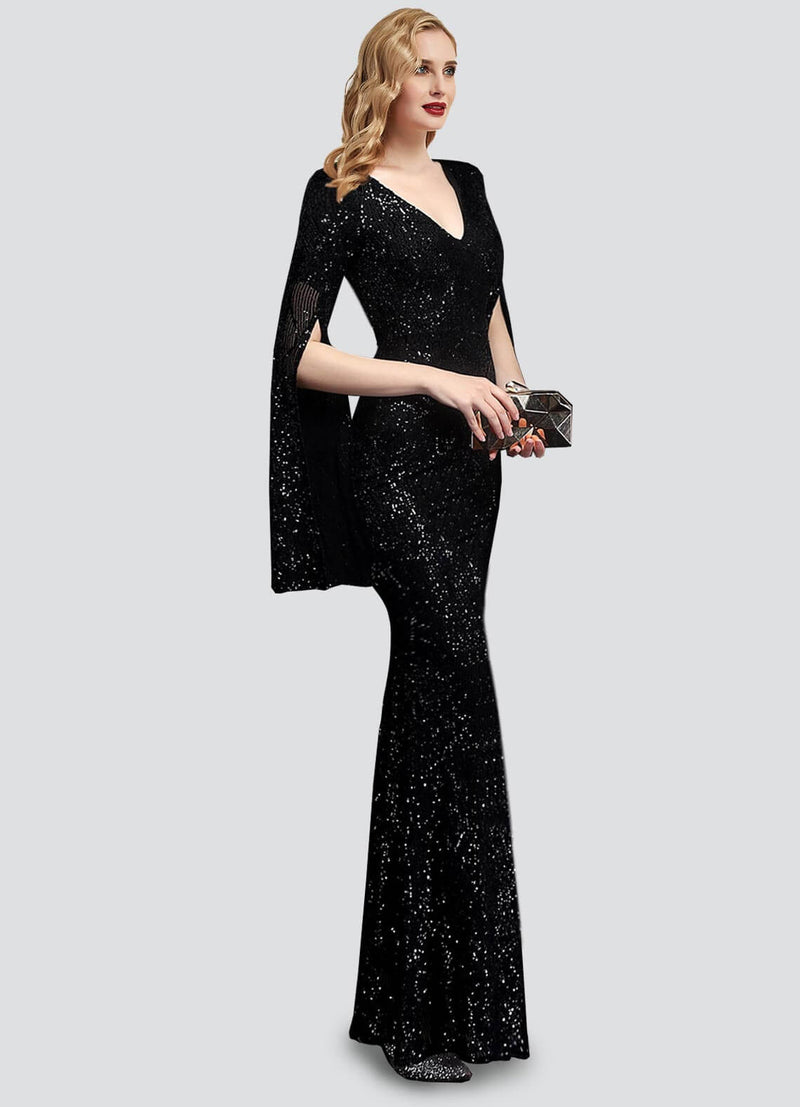NZ Bridal Black Long Slit Sleeves Sequin Tulle Prom Dress 18576 Alora c