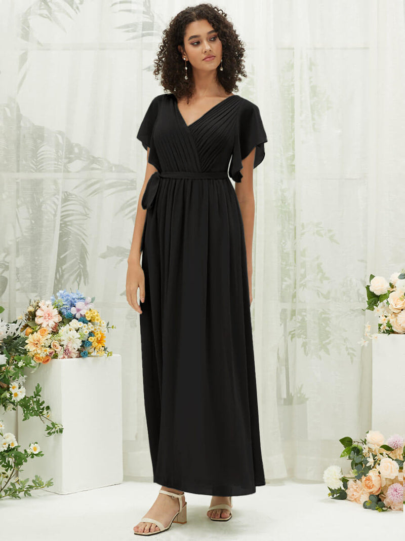 NZ Bridal Black Pleated V Neck Chiffon Floor Length bridesmaid dresses 0164aEE Mila a
