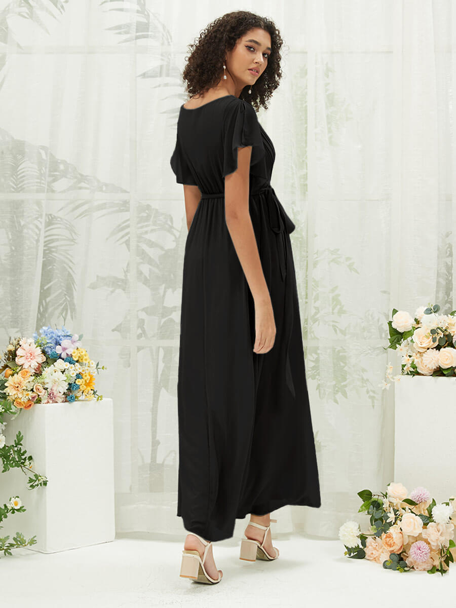 NZ Bridal Black Pleated V Neck Chiffon Floor Length bridesmaid dresses 0164aEE Mila a