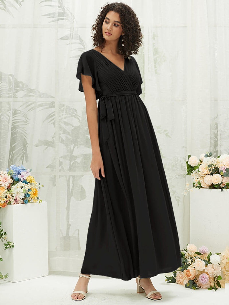 NZ Bridal Black Pleated V Neck Chiffon Floor Length bridesmaid dresses 0164aEE Mila c