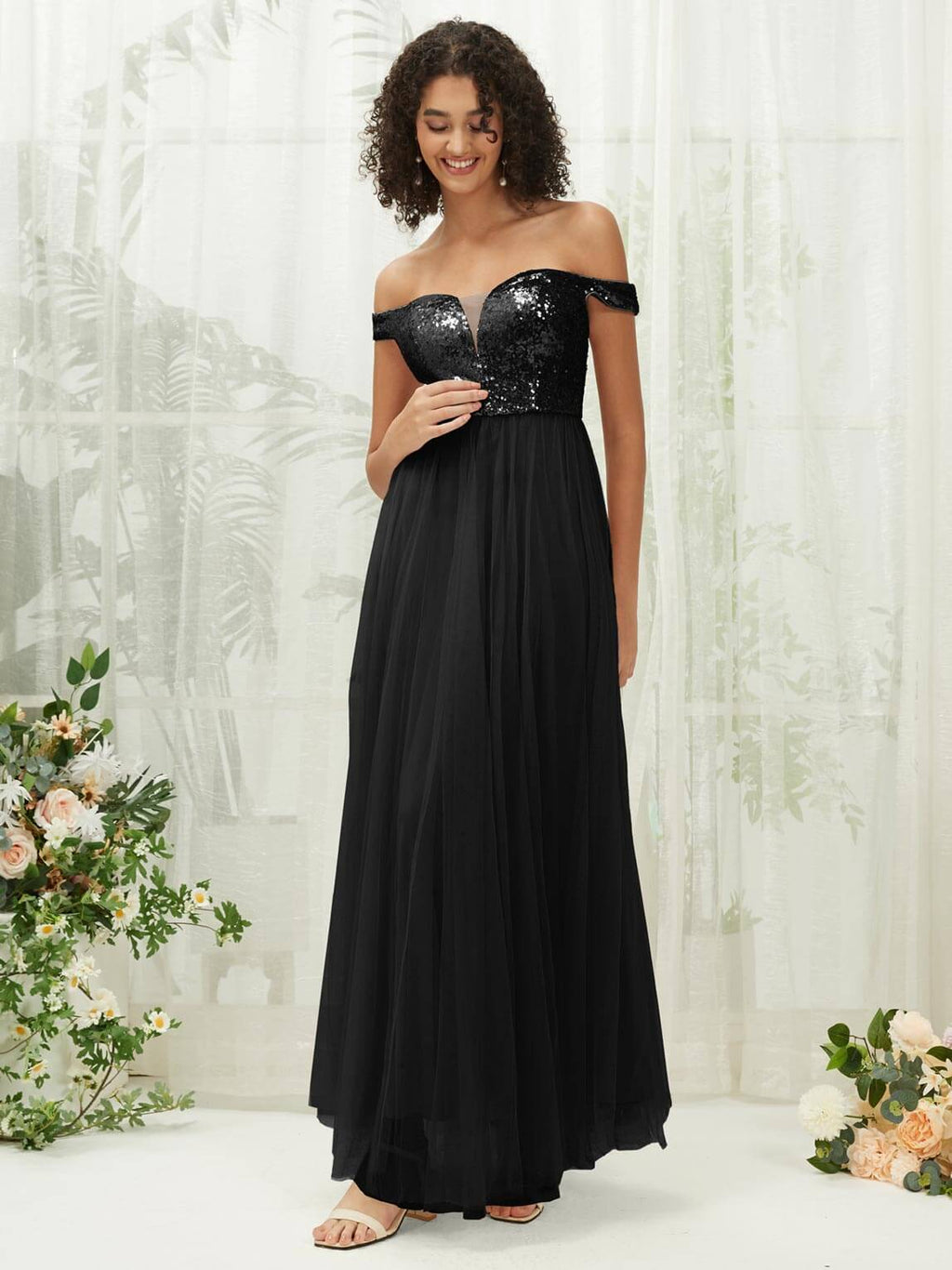 NZ Bridal Black Sequin Chiffon Off Shoulder Maxi Prom Dress 00277ee Esther a
