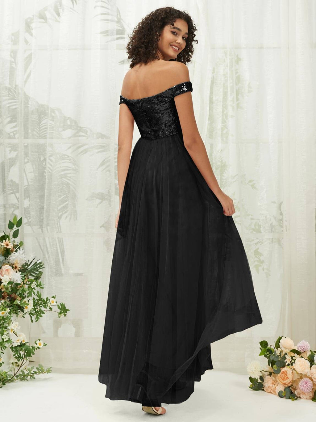 NZ Bridal Black Sequin Chiffon Off Shoulder Maxi Prom Dress 00277ee Esther a