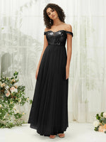 NZ Bridal Black Sequin Chiffon Off Shoulder Maxi Prom Dress 00277ee Esther c