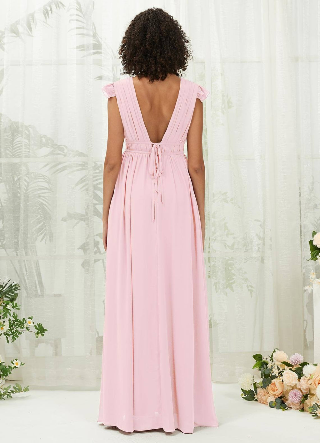 NZ Bridal Blush Cap Sleeves Pleated Chiffon Maxi Bridesmaid Dress R0410 Collins a