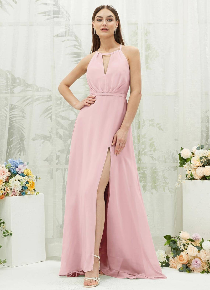 NZ Bridal Blush Halter Neck Chiffon Slit Bridesmaid Dress AZ31001 Evalleen a