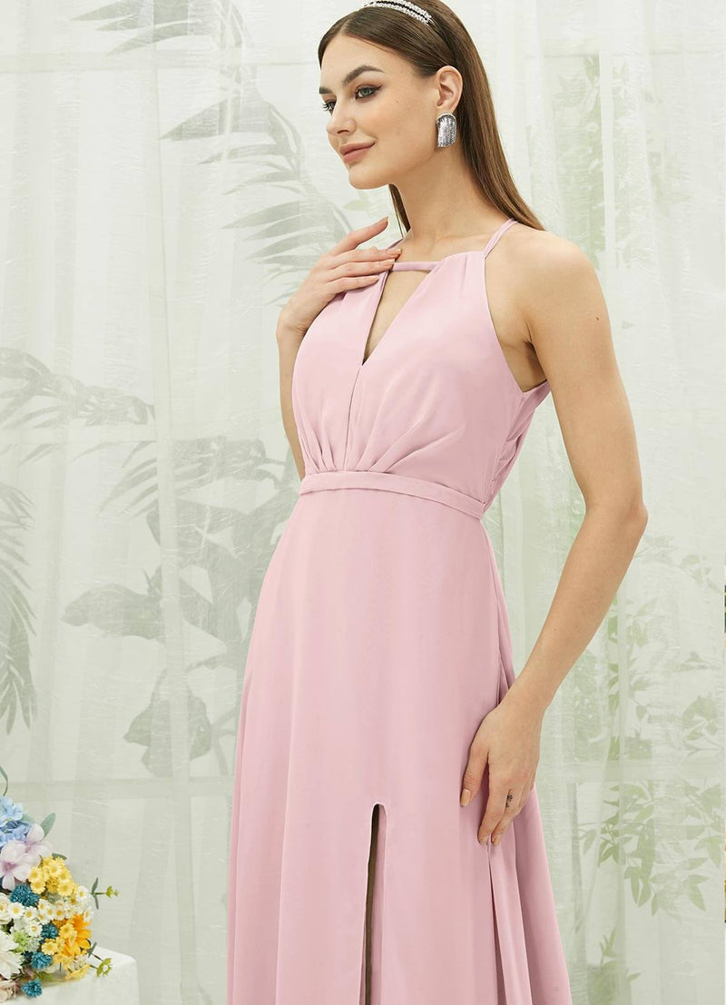 Blush Chiffon Halter V-Neck Slit Backless Maxi Bridesmaid Dress NZ Bridal Blush Chiffon Halter V-Neck Slit Backless Maxi Bridesmaid Dress NZ Bridal