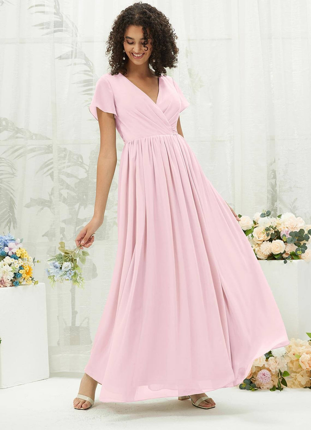 NZ Bridal Blush Short Sleeves Chiffon Maxi Bridesmaid Dress R0107 Harow a