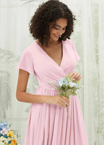 NZ Bridal Blush Short Sleeves Chiffon Maxi Bridesmaid Dress R0107 Harow detail1