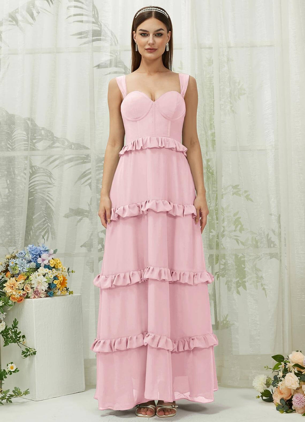 NZ Bridal Blush Straps Ruffle Chiffon Maxi Bridesmaid Dress R3701 Sloane a