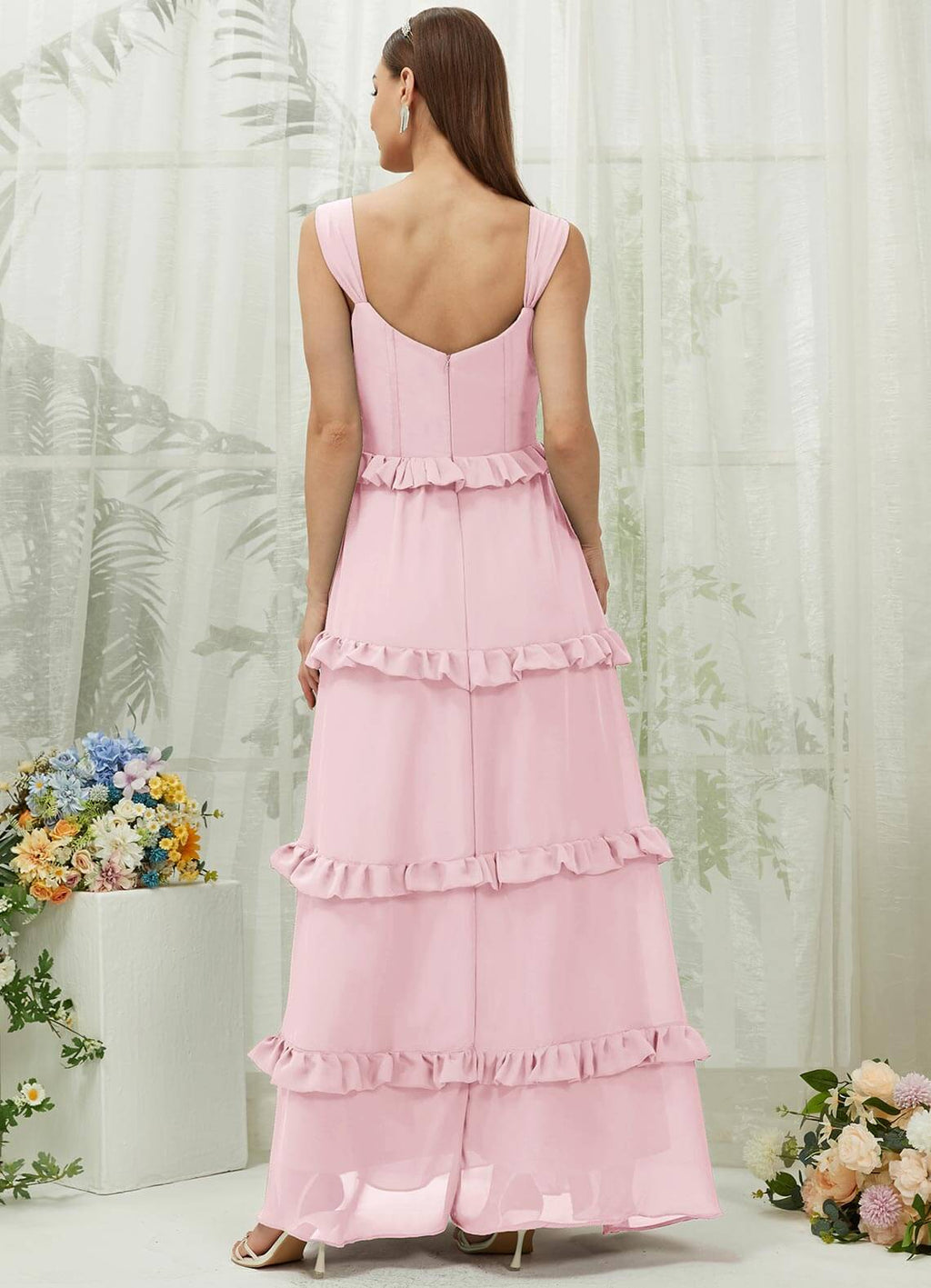 NZ Bridal Blush Straps Ruffle Chiffon Maxi Bridesmaid Dress R3701 Sloane a