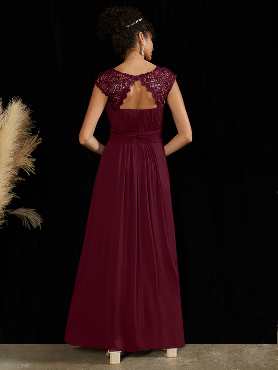 NZ Bridal Burgundy Cap Sleeves Boat Neck Chiffon Maxi bridesmaid dresses 09996ep Ryan a