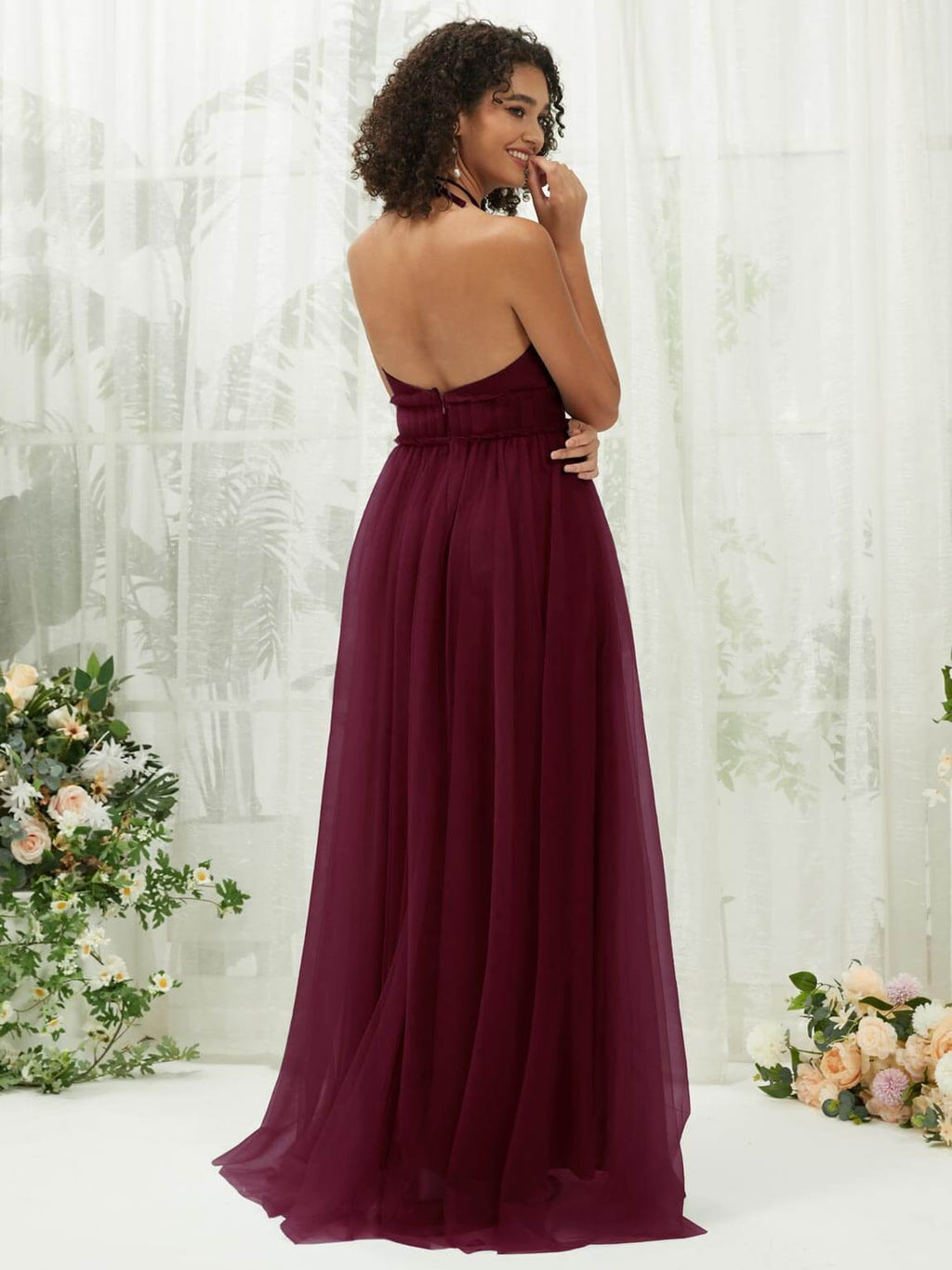 NZ Bridal Burgundy Halter Neck Flowy Tulle Maxi bridesmaid dresses R1025 Naya a