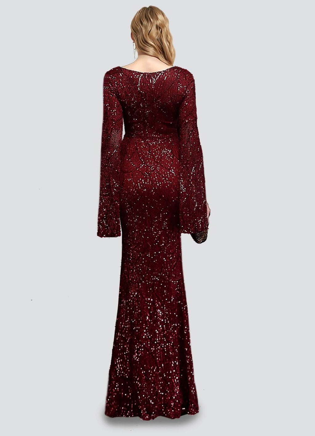 NZ Bridal Burgundy Long Slit Sleeves Sequin Maxi Prom Dress 18576 Alora a