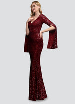 NZ Bridal Burgundy Long Slit Sleeves Sequin Maxi Prom Dress 18576 Alora d