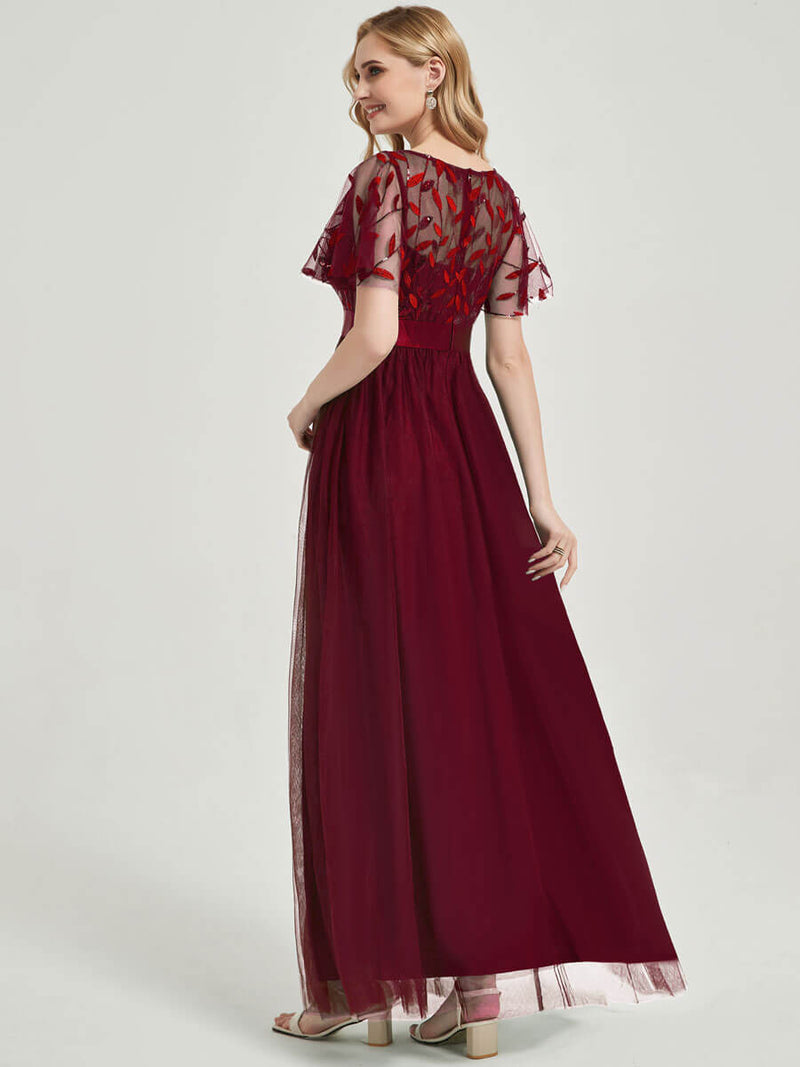 NZ Bridal Burgundy Sequin Chiffon Sheer Sleeves Prom Dress 00904EP Miyuki b