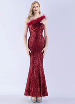 NZ Bridal Burgundy Sequin Feather Maxi Prom Dress 31359 Ruby a