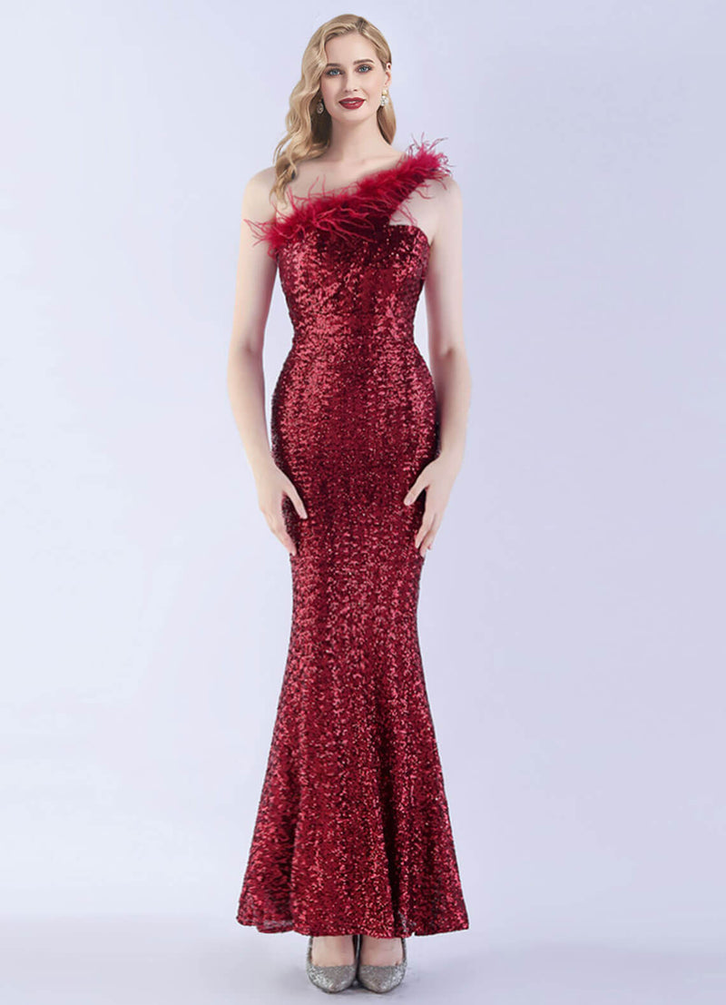 NZ Bridal Burgundy Sequin Feather Maxi Prom Dress 31359 Ruby a