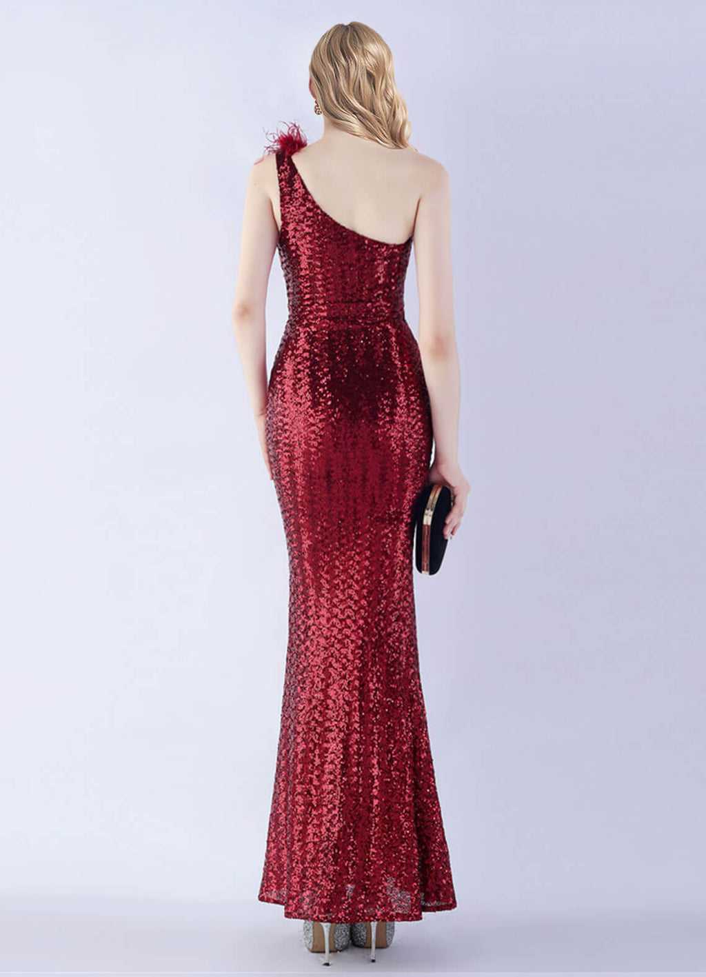 NZ Bridal Burgundy Sequin Feather Maxi Prom Dress 31359 Ruby a