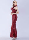 NZ Bridal Burgundy Sequin Feather Maxi Prom Dress 31359 Ruby d