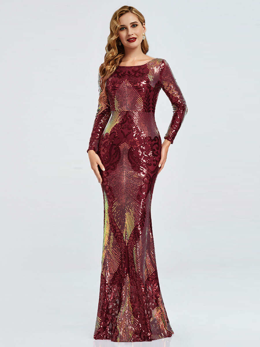 NZ Bridal Burgundy Sequin Prom Dress Long Sleeves 023JQ Madison a