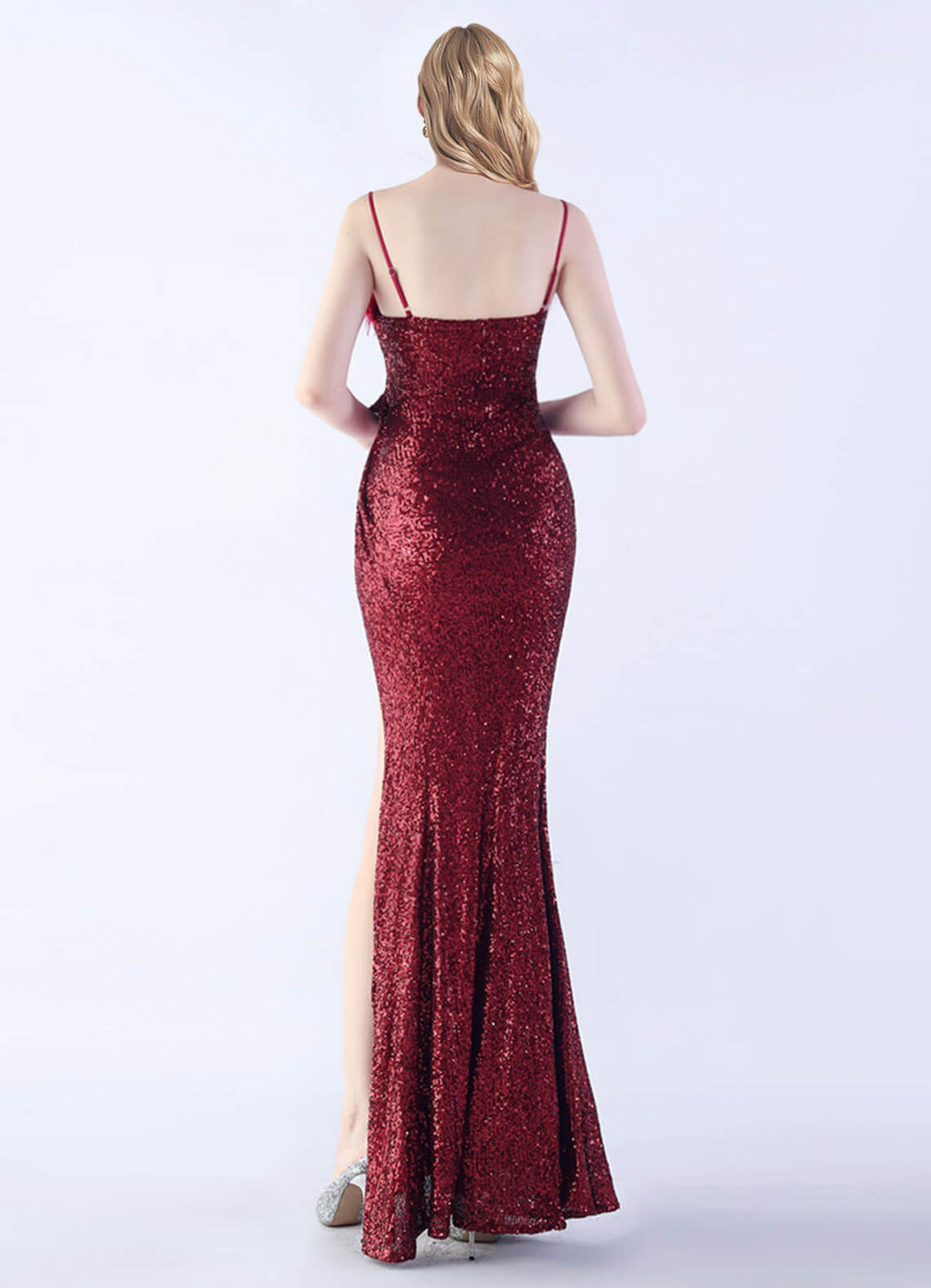 Burgundy Luxury Feather Spaghetti Straps Sequin Maxi Formal Gown NZ Bridal Burgundy Luxury Feather Spaghetti Straps Sequin Maxi Formal Gown NZ Bridal
