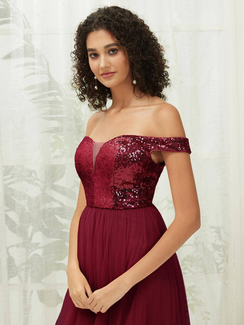 NZ Bridal Burgundy Sequin Tulle Maxi Prom Dress 00277ee Esther detail1