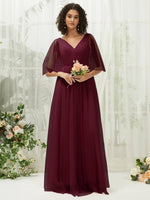NZ Bridal Burgundy Sheer Sleeves Flowy Tulle Maxi bridesmaid dresses R1026 Thea a