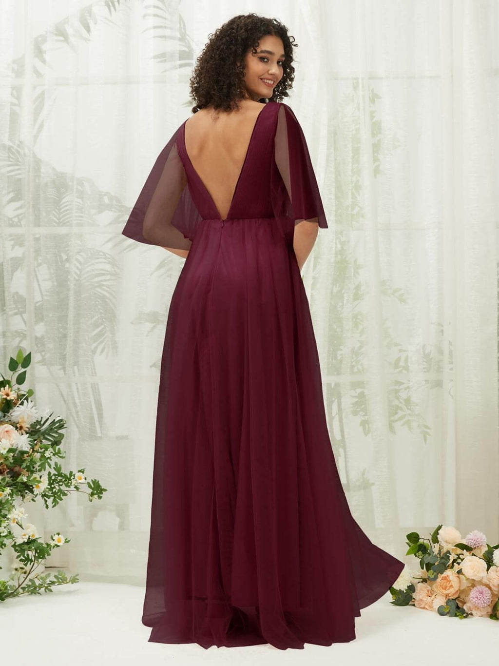 NZ Bridal Burgundy Sheer Sleeves Flowy Tulle Maxi bridesmaid dresses R1026 Thea a