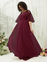 NZ Bridal Burgundy Sheer Sleeves Flowy Tulle Maxi bridesmaid dresses R1026 Thea c