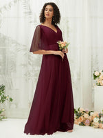 NZ Bridal Burgundy Sheer Sleeves Flowy Tulle Maxi bridesmaid dresses R1026 Thea d