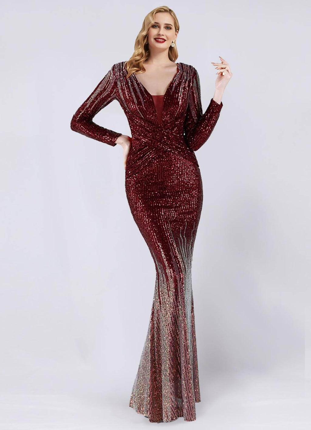 Burgundy Sequin Long Sleeve V-Neck Floor Length Formal Gown For Party NZ Bridal Burgundy Sequin Long Sleeve V-Neck Floor Length Formal Gown For Party NZ Bridal
