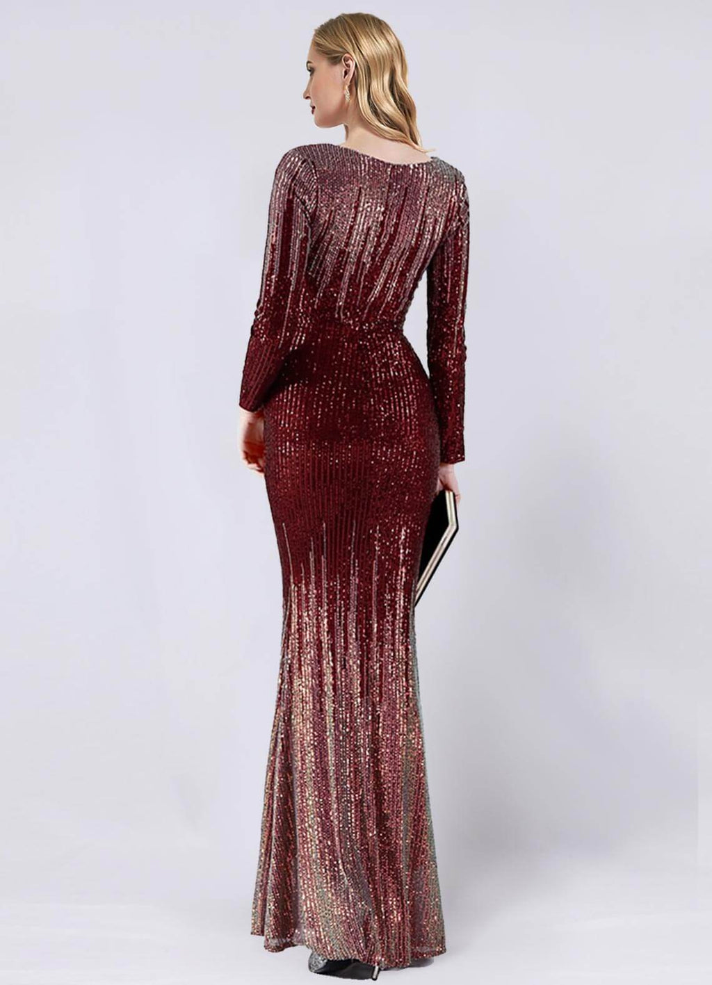 NZ Bridal Burgundy Sheer V Neck Sequin Maxi Prom Dress 19037 Harper a