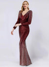 NZ Bridal Burgundy Sheer V Neck Sequin Maxi Prom Dress 19037 Harper c