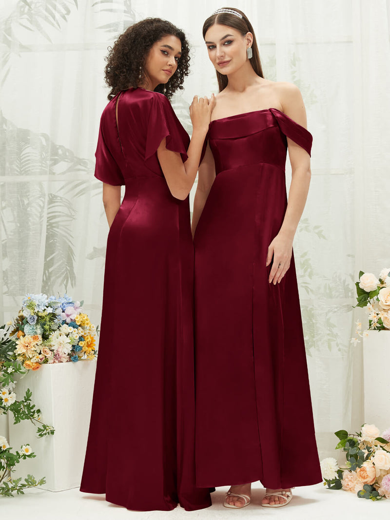 Burgundy V-Neck Short Sleeve Satin Maxi Bridesmaid Dress With Slit – NZ Bridal Burgundy V-Neck Short Sleeve Satin Maxi Bridesmaid Dress With Slit – NZ Bridal
