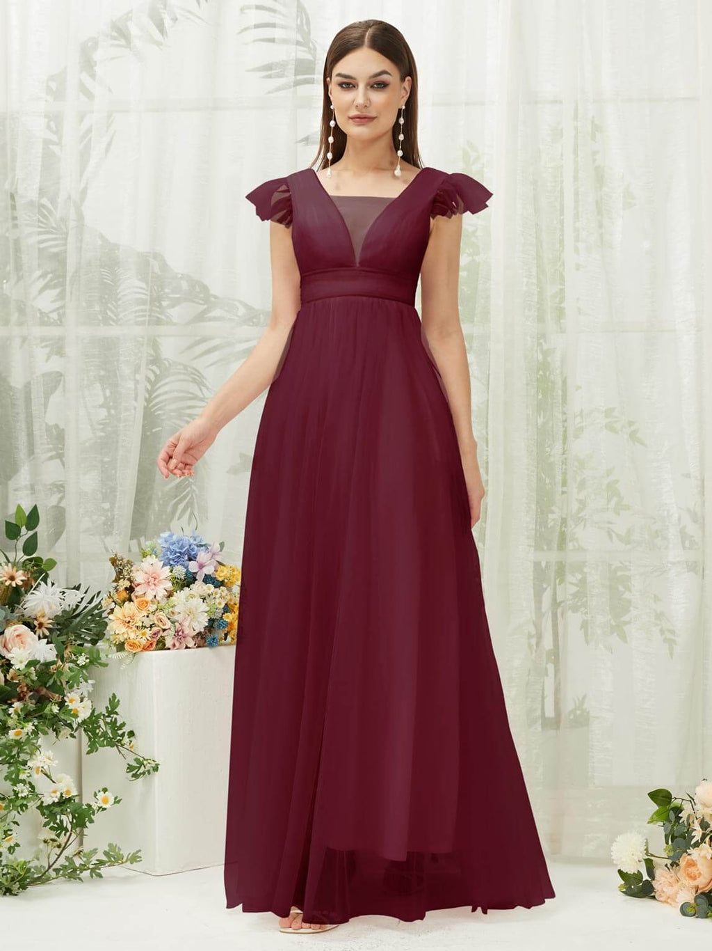 Burgundy Tulle Cap Sleeves Floor Length Flowy Bridesmaid Dresses Burgundy / M / N8-10