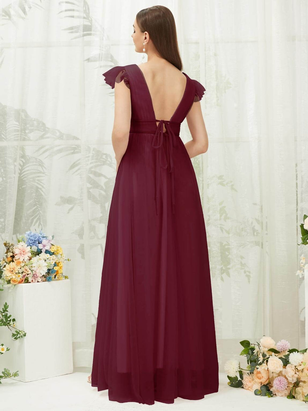 NZ Bridal Burgundy V Backless Flowy Tulle Maxi bridesmaid dresses R0410 Collins a