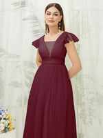 NZ Bridal Burgundy V Backless Flowy Tulle Maxi bridesmaid dresses R0410 Collins d