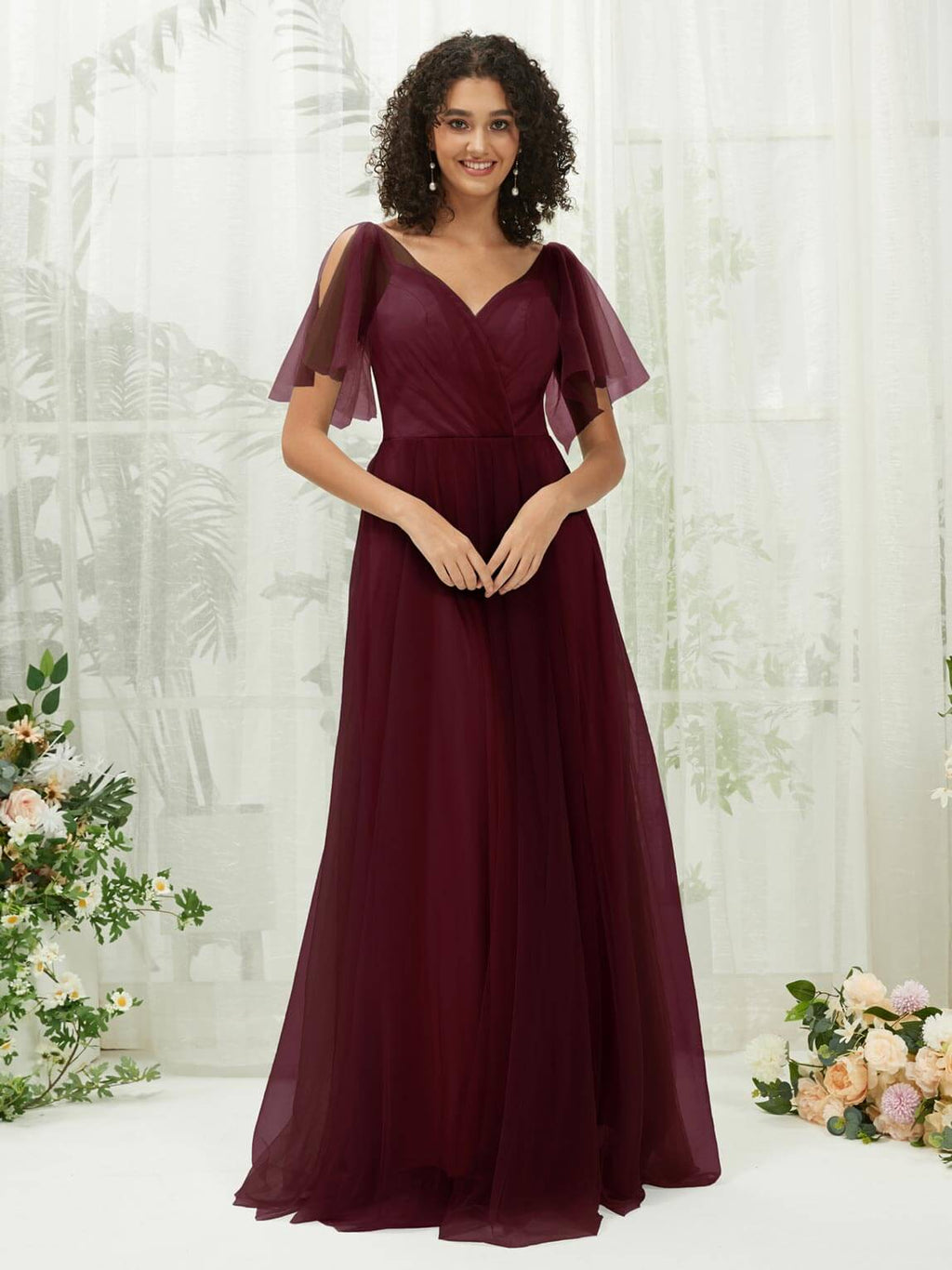 Burgundy Tulle Sweetheart Ruffle Sleeve Pocket Maxi Bridesmaid Dress Burgundy / L / N12