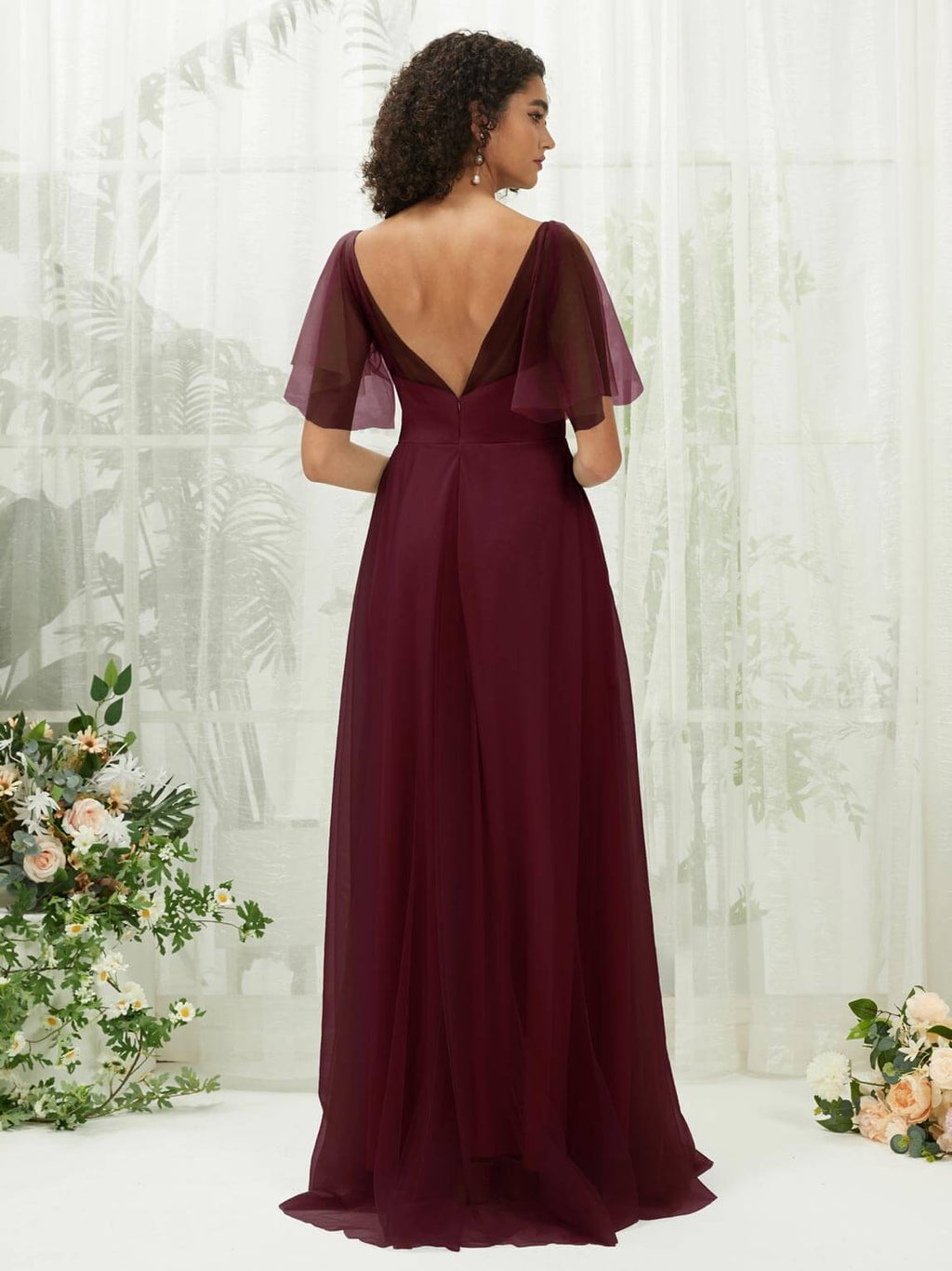 NZ Bridal Burgundy V Backless Sweetheart Flowy Tulle Maxi bridesmaid dresses R1027 Dallas a