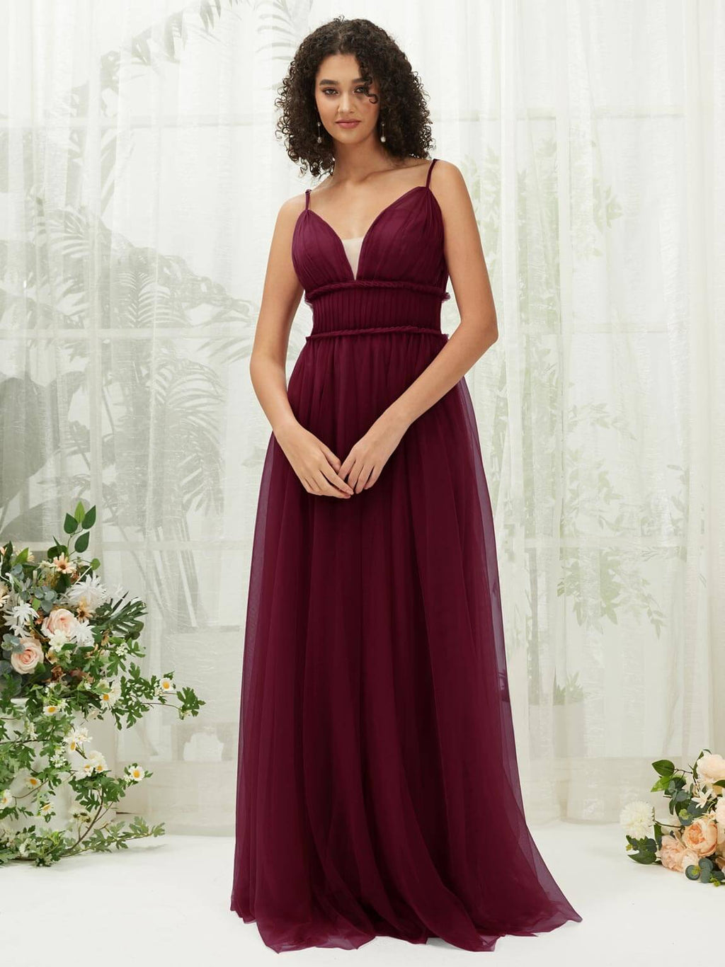 NZ Bridal Burgundy V Neck Adjustable Straps Flowy Tulle Maxi bridesmaid dresses R1029 Alma a