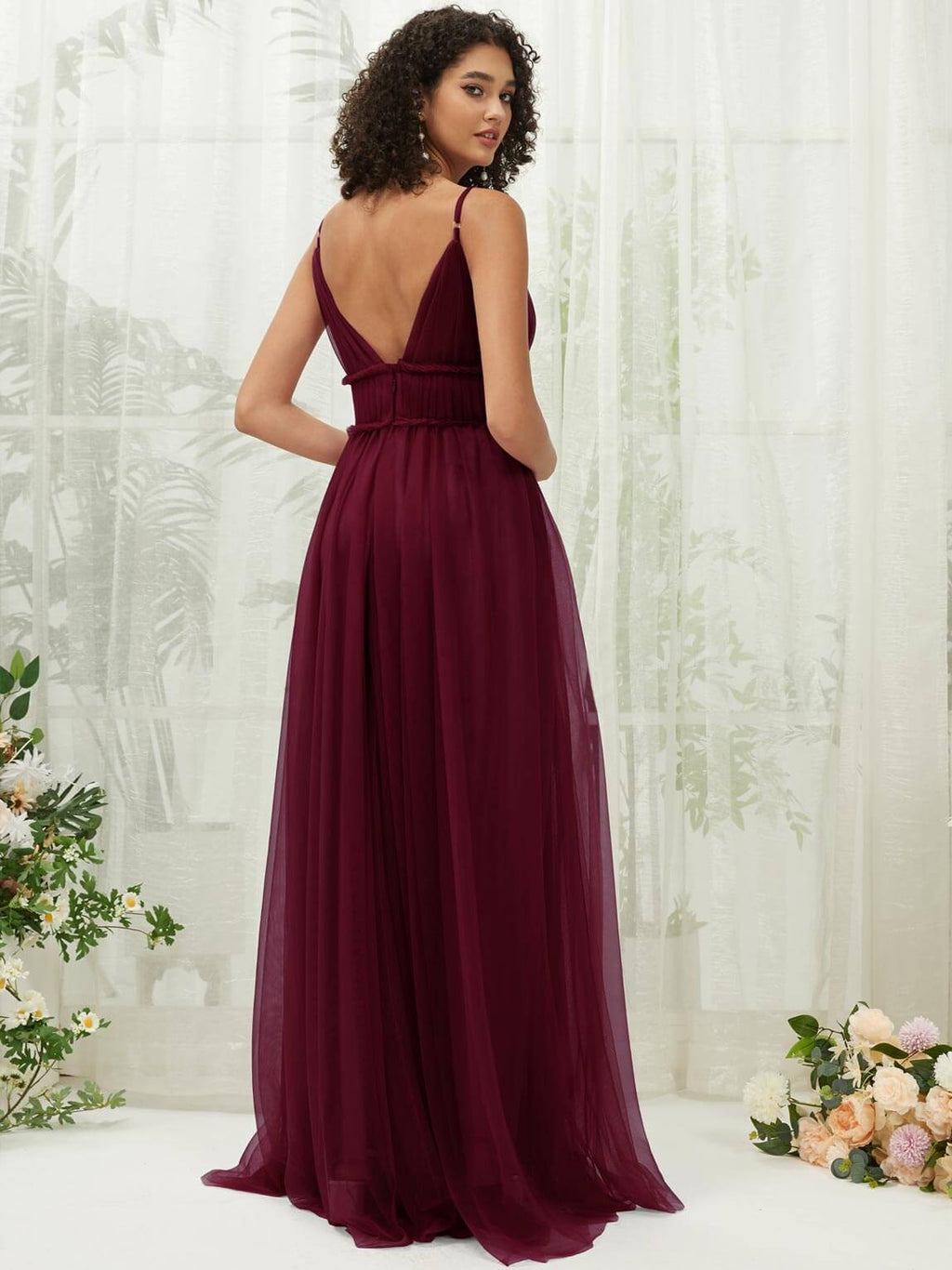 NZ Bridal Burgundy V Neck Adjustable Straps Flowy Tulle Maxi bridesmaid dresses R1029 Alma a